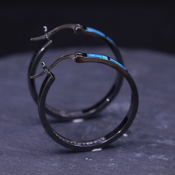 Black and Turquoise Blue Opal Hoop Earrings Hoops Rhinestone Crystal Channel New - Picture 6 of 11